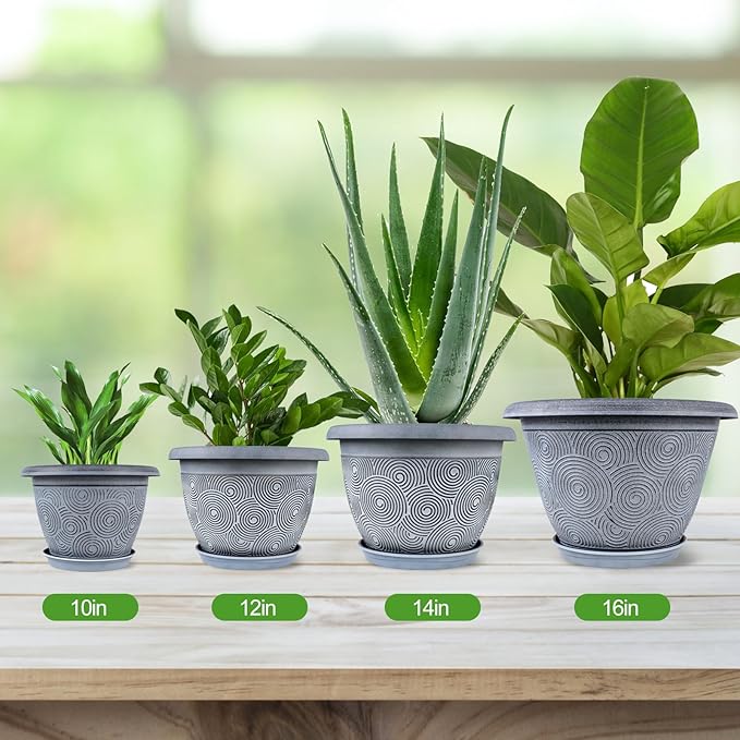 16 Inch Large Planter Pot for Plants Indoor Outdoor, 4 Pack Plastic Flower Pots with Drainage Hole & Tray, Modern Decorative Garden Pot with Saucer, Plant Container for House