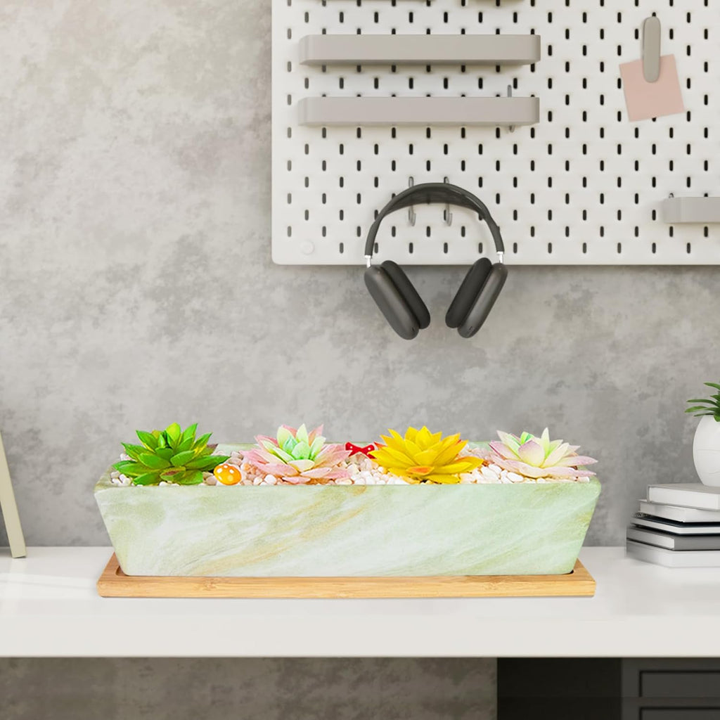 Succulent Pots - 12.1 Inch Large Succulent Pots with Drainage Tray, Window Sill Planter, Long Rectangle Ceramic Pots for Indoor Cactus/Succulent Plants Shallow Bonsai Window Box for Home Garden Decor