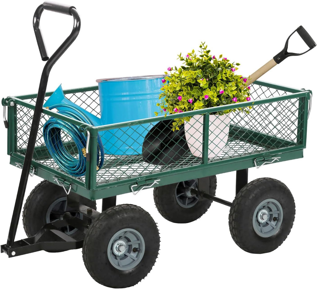 BestMassage Heavy Duty 500 Lbs Capacity Mesh Steel Garden Cart Folding Utility Wagon with Removable Sides for Beach Lawn Yard Landscape (Green)