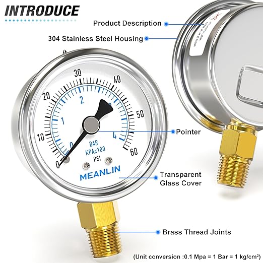 MEANLIN MEASURE 0~60Psi Dry Pressure Gauge Stainless Steel 1/4" NPT 2" FACE DIAL Waterproof for Pool Filter Pump Oil Air Compressor Tire Pressure Tester Lower Mount with 1/2" NPT and 3/8" NPT Hex Bush