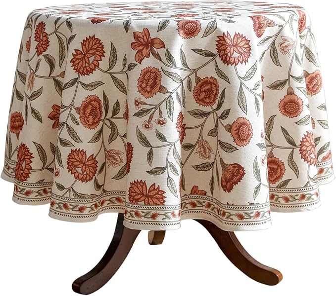ISAENNE Designer French Small Round Tablecloth,Linen Orange Floral Pattern Indoor Table Cloth,Wrinkle Resistant Decor Table Cloth for Dining Thanksgiving Kitchen Party,Diameter 55"-Alvarado D