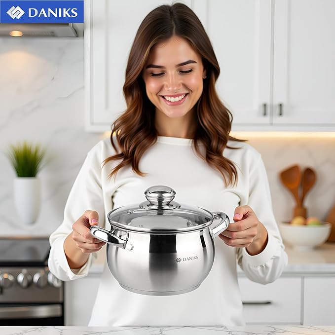 Daniks Classic Stainless Steel Stock Pot with Glass Lid – Induction 2 Quart, Dishwasher Safe, Measuring Scale, For Soup, Pasta, Stew, Silver