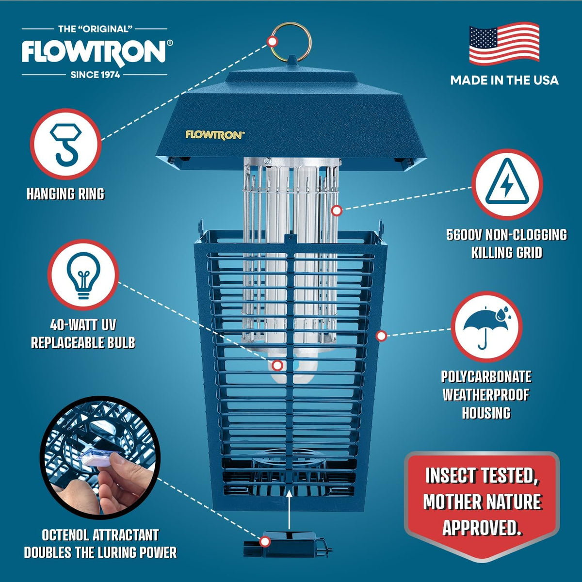 Flowtron Bug Zapper, 1 Acre of Outdoor Coverage with Powerful 40W Bulb & 5600V Instant Killing Grid, Electric Insect, Fly & Mosquito Zapper, Made in The USA - Blue Color