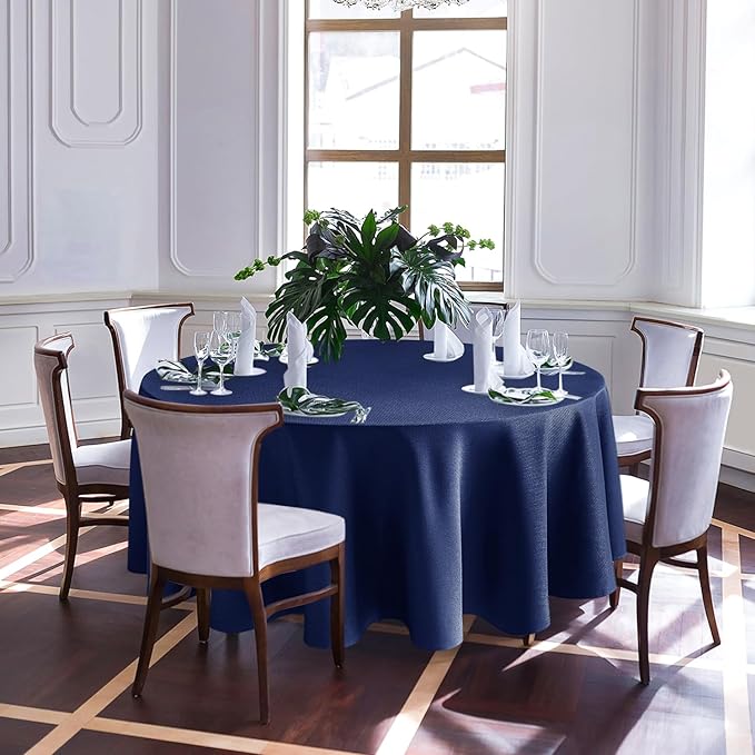 Biscaynebay Textured Fabric Round Tablecloths 90", Navy Water Resistant Washable Table Cloths Circle Folding Table Covers Linen for Dining, Kitchen, Wedding & Parties etc