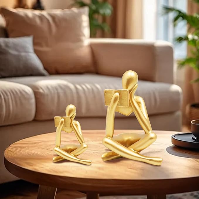 Bookshelf Decor, Golden Reading Thinker Sculpture Figurine, Coffee Table Decor, Entry Way Table Home Decor, Decorative Statue for Living Room, Office, Bedroom, Gift