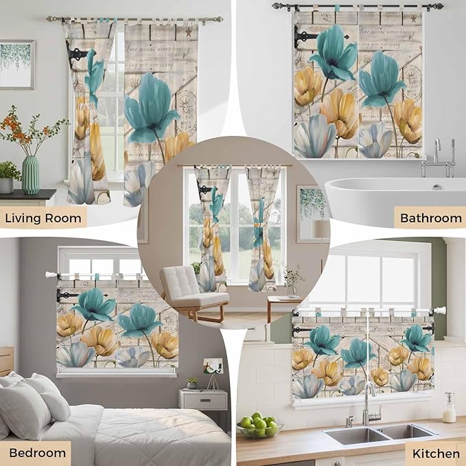 Watercolor Flowers Bathroom Curtains 63 Inch Length, Window Curtains Tab Top, Vintage Tulips Floral Barn Doors Wood Grain Light Filtering Window Treatments Drapes 52"x63" 2 Panel