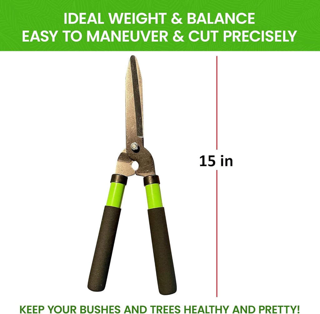 GARDEN GURU Hedge Shears Clippers for Trimming & Shaping Borders, Boxwood, Decorative Shrubs, Bushes, Grass – 15 inch High Carbon Steel Gardening Hedge Clippers & Shears with Comfort Grip Handles