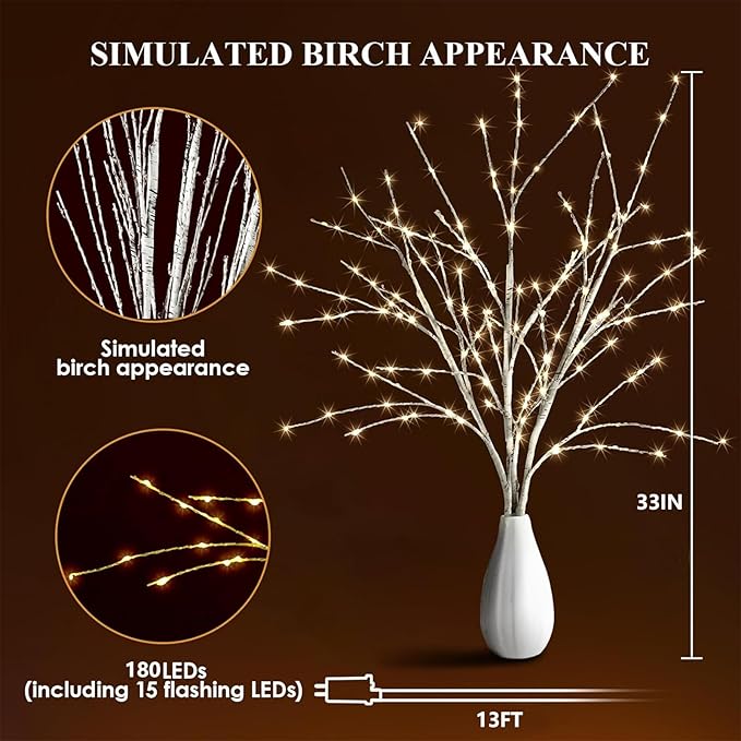 Lighted White Birch Branches With Timer 33IN 180 LED Twig for Vase Christmas Decor Artificial Tree Branch Holiday Parent