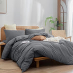 BESTOUCH Duvet Cover Set 100% Washed Cotton Linen Feel Super Soft Comfortable Chic Lightweight 3 PCs Home Bedding Set Solid Quiet Shade Grey Oversized Full