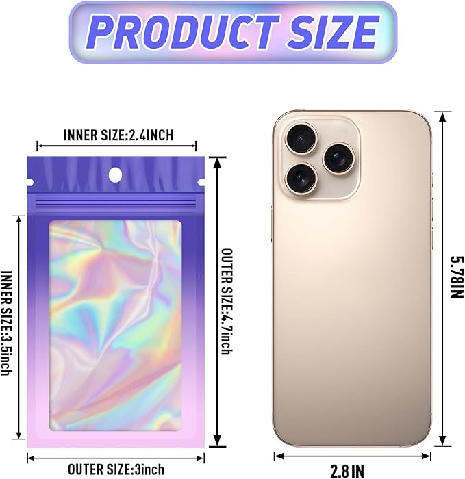 Funfery 100 Pack Gradient Holographic Bags,Resealable Bags with Zipper,Clear Window Packaging Pouch,Foil Bag for Food Storage,Sample Jewelry Baggies(3×4.7In,Purple Pink)