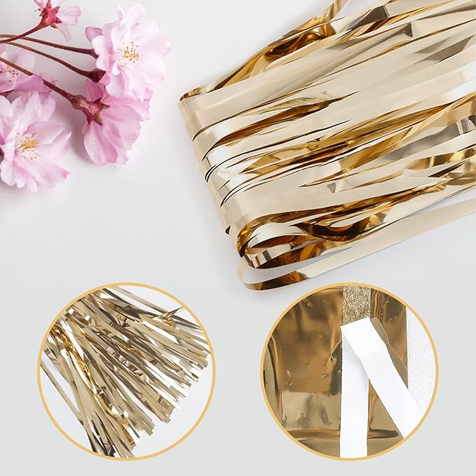 10 Pack Champagne Gold Foil Curtain Backdrop 3.2ft x 9.8ft Metallic Tinsel Foil Fringe Curtains Streamer Photo Booth Backdrop for Birthday Party Engagement Bachelorette Party Decorations