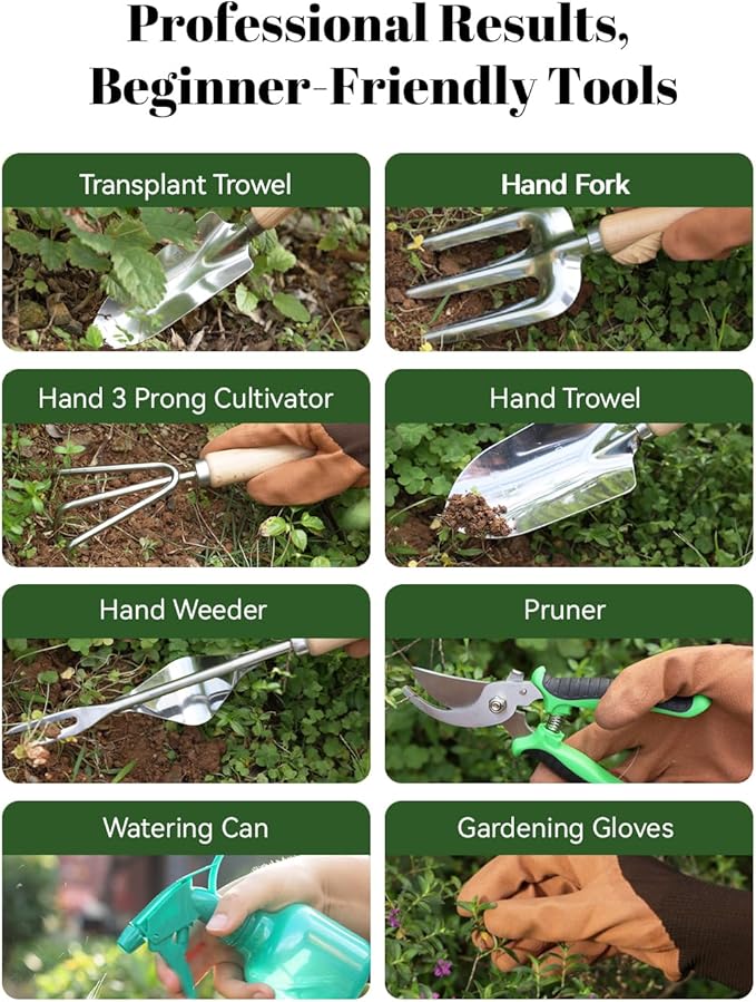 VerdantVibes 9-Piece Garden Tool Set - Heavy Duty Gardening Hand Tools with Ergonomic Non-Slip Grips, Rust-Resistant Shovel, Trowel, Rake, Pruner & Storage Bag - Ideal Gardening Gifts for Women