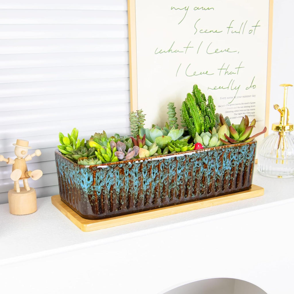 Succulent Pots - 12 Inch Large Succulent Planters with Drainage Tray, Window Sill Planter, Long Rectangle Ceramic Pots for Indoor Cactus Plants Shallow Bonsai Window Box for Home Garden Decor