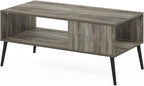 Furinno Claude Mid Century Style Coffee Table with Wood Legs, French Oak Grey Large Non-Lift Top