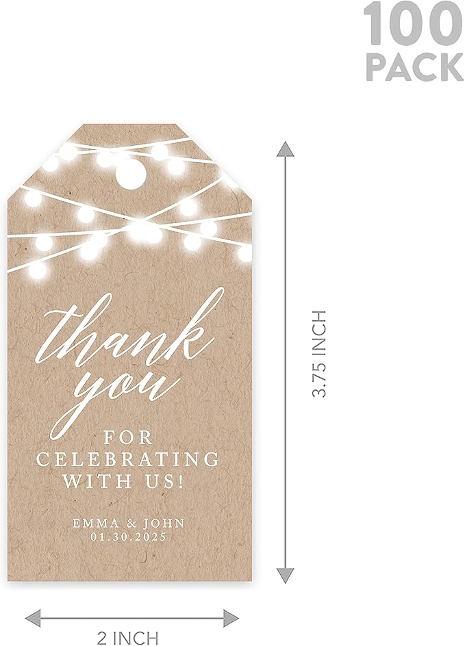 Andaz Press 100-Pack Personalized Thank You for Celebrating with Us Wedding Favor Tags with Bakers Twine Rustic String Lights Custom Cardstock Wedding Gift Tags for Party Favors 2 x 3.75-Inches