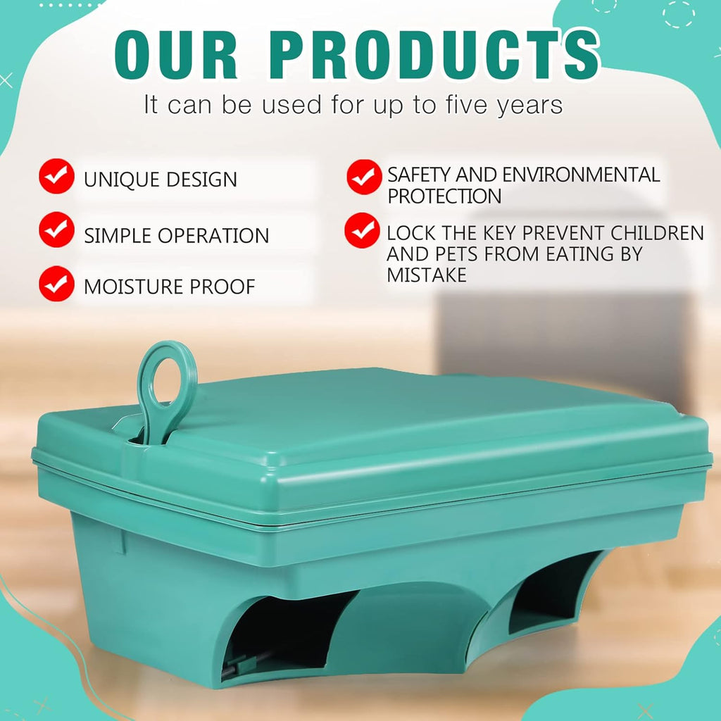 Qualirey 6 Pack Rat Bait Stations with 6 Keys Reusable Heavy Duty for Rodents Outdoor Mouse Poison Holder Large Station Traps for Mice Pests, Bait Not Included(Green)