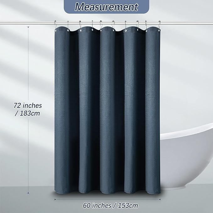 Navy Blue Shower Curtain Waffle Weave 60 Inches Heavy Fabric Duty Shower Curtains for Stall, Water Repellent 256GSM Weighted Modern Bathroom Shower Curtains with 10 Metal Hooks, 60Wx72H