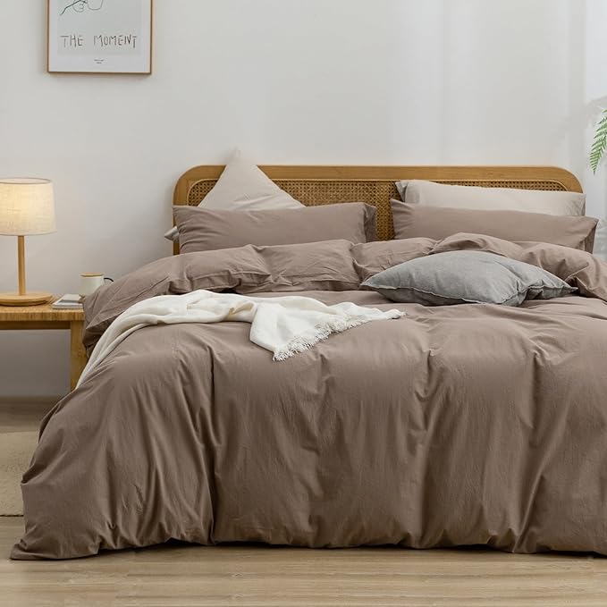 BESTOUCH Duvet Cover Set 100% Washed Cotton Linen Feel Super Soft Comfortable Chic Lightweight 3 PCs Home Bedding Set Solid Pine Bark Brown Oversized Full