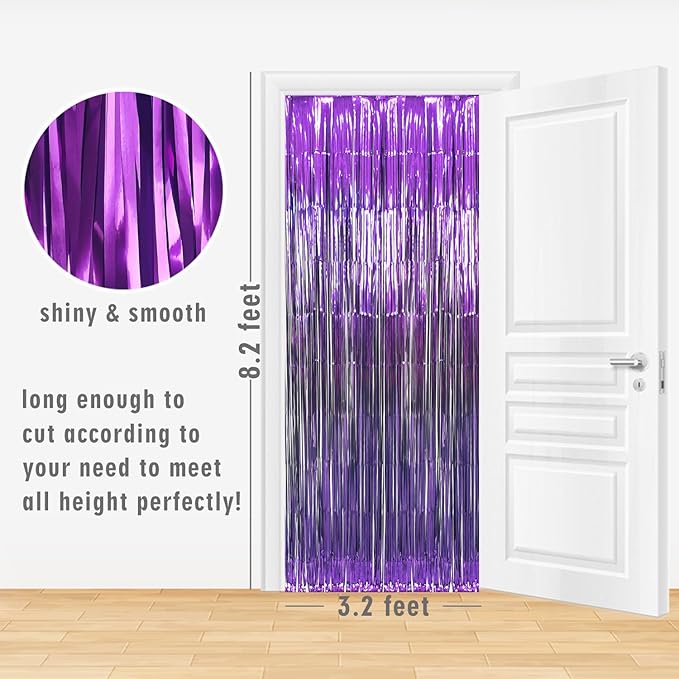 GOER 6.4 ft x 8.2 ft Metallic Tinsel Foil Fringe Curtains,Pack of 2 Party Streamer Backdrop for Halloween Birthday,Graduation and New Year Eve Party Decorations (Purple)