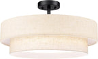 Hamilyeah 20 Inch Semi Flush Mount Round Ceiling Light Fixture, 48W LED With Fabric Shade, Dimmable Drum Double Layer 5CCT for Living Room, Office
