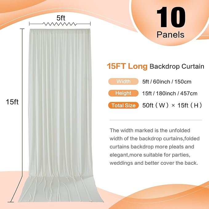 50ft x 15ft Ivory Wrinkle Free Backdrop Curtains for Parties,Silky Polyester Fabric Wedding Ceiling Drapes, 10 Panels 15ft Photo Back Drop Drapes for Baby Shower Photography Stage Background Cloth