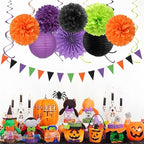 Black Purple Orange-Green Halloween Party-Decorations - 20pcs Paper Lanterns Fans,Tissue Pom Poms,Honeycomb Balls,Hotel Transylvania Hocus Pocus Birthday Baby Bridal Shower Wedding Decor Burgleda