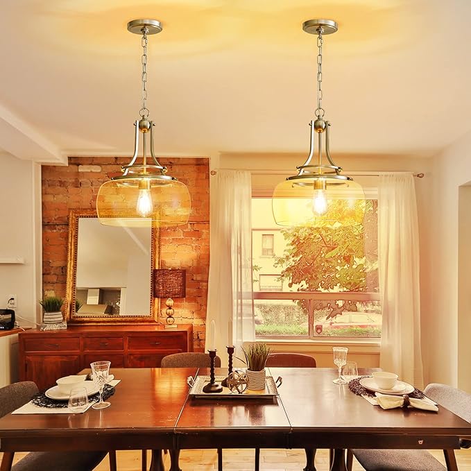 WUZUPS Chandelier Rustic Farmhouse Industrial Round Ceiling Pendant LED Light Fixture with Clear Glass Shades for Dining Room Kitchen Island Foyer Entryway, H 17" x W 13.4", E26 Base, Brushed Nickel