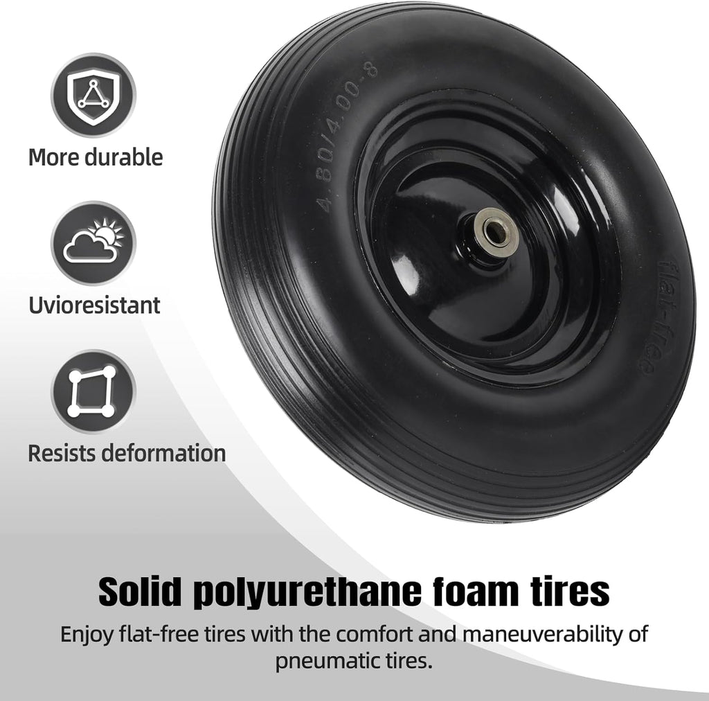 4.80/4.00-8" Flat Free Tire and Wheel - 16 Inch Solid Rubber Wheelbarrow Tires with 5/8" and 3/4" Ball Bearings, 3" Centered Hub (Extra Adapter kit includes Bearing, 1" and 1/2" Nylon Spacers)