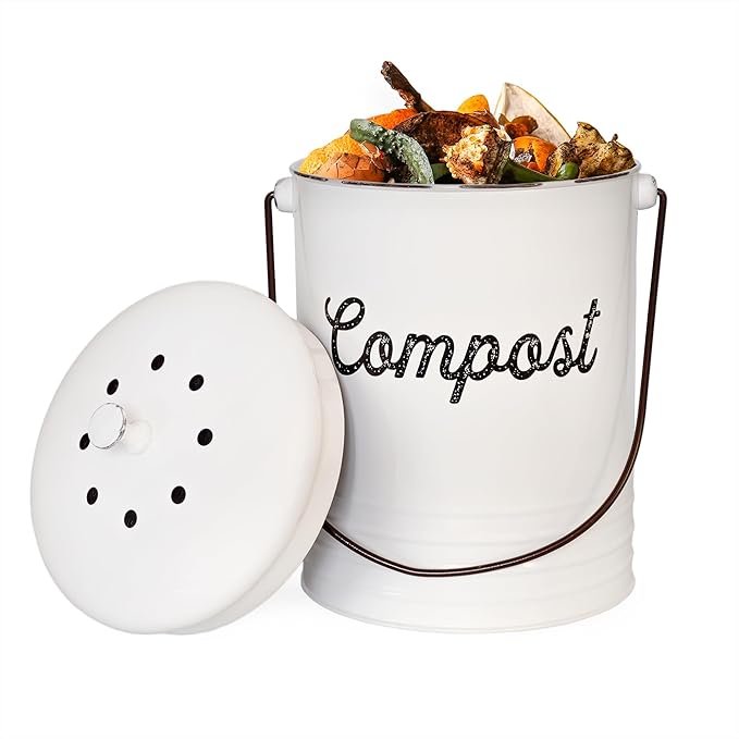 AuldHome Design Kitchen Compost Bin for Countertop | 1.3 Gallon Composting Bucket with Lid | Includes 3 Charcoal Filters | (White Enamel)