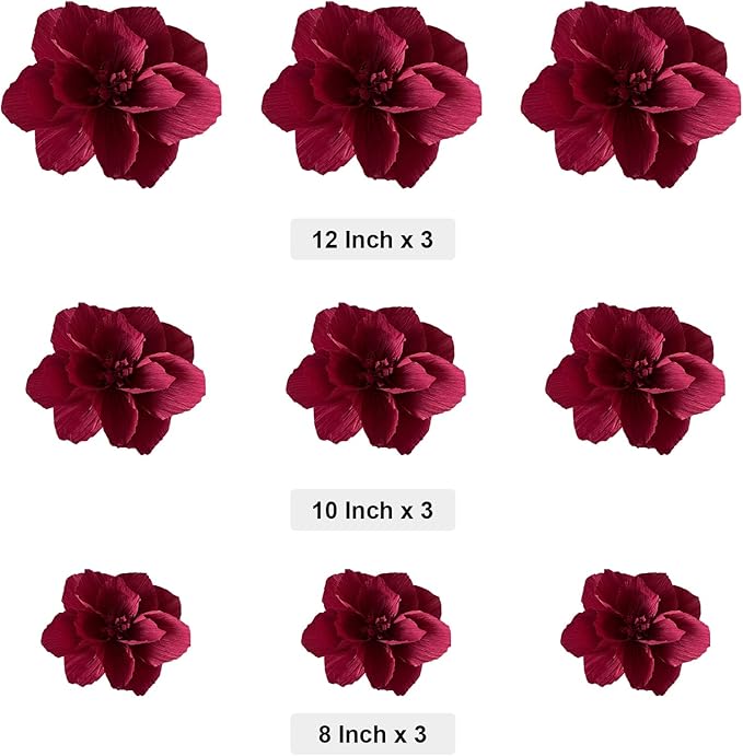 BRT Bearingshui Crepe Paper Flowers Decoration for Wall Total 9 Pcs, Artificial Flowers for Wedding Decor,Flower Backdrop Decor, Baby Bridal Shower Birthday Party, Burgundy 3D Wall Flowers Decor