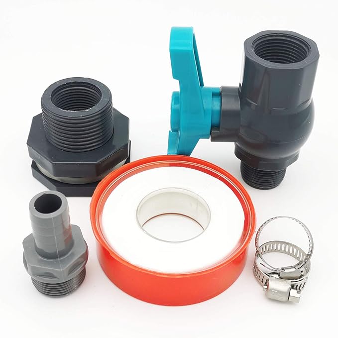 Rain Barrel Spigot PVC Faucet Kit with Bulkhead Fitting, Ball Valve, Garden Hose Barb Adapter, Pipe Clamps, Thread Seal Tape (16mm ID Hose)