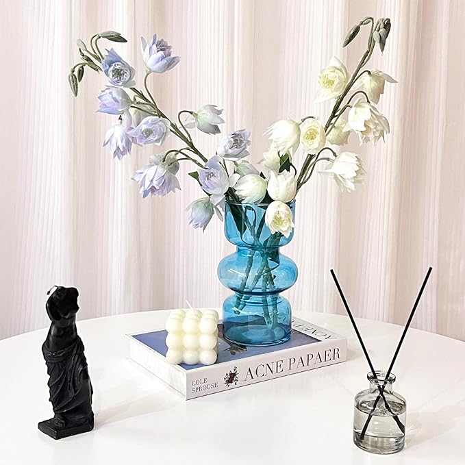 BLOFLO Blue Transparent Glass Hydroponic Vase, 7Inches Colored Glass Vase for Flower, Modern Geometric Three-Layer Floral Vases for Home Office Wedding Table Décor(Blue)