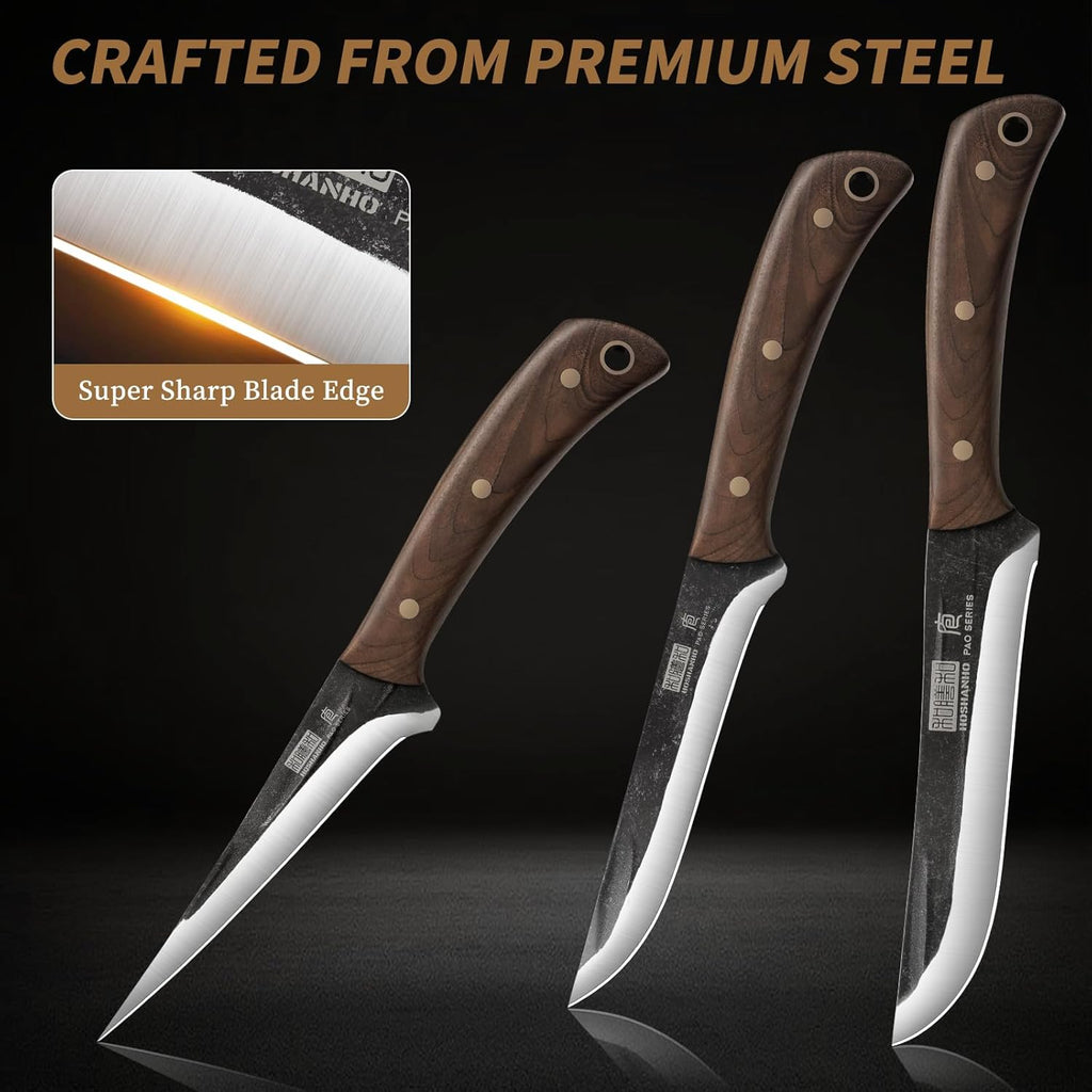 HOSHANHO Butcher Knife Set 3-Piece, Super Sharp Hand Forged Fillet Knife & Dividing Knives & Paring Knives Set, Upgraded High Carbon Stainless Steel Meat Cutting for Home, Outdoor