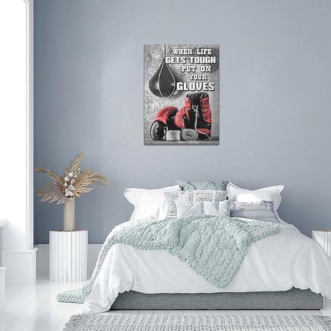 Boxing Posters Wall Art Red Boxing Gloves Pictures Wall Decor Black And White Inspirational Quotes Canvas Prints Painting Artwork Sports Canvas Home Decorations For Teen Boys Room Dorm Bedroom 12"x16"