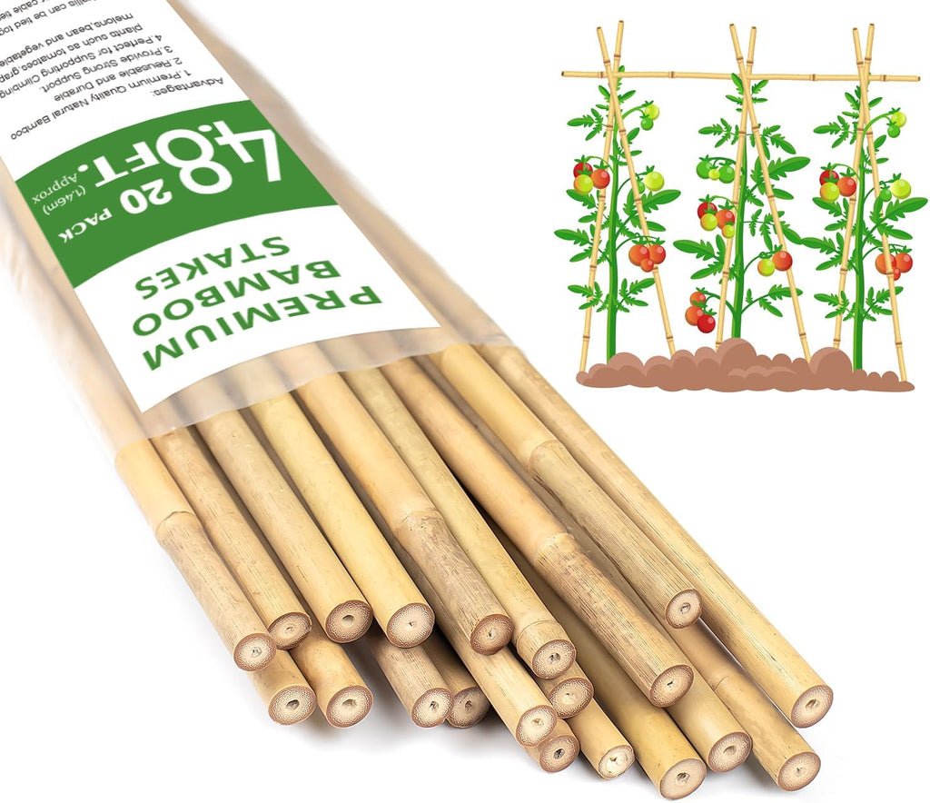 Plant Stakes 4.8FT, Natural Bamboo Stakes, HAINANSTRY 20Pcs Sturdy Bamboo Garden Stakes, Bamboo Sticks for Plants, Beans, Indoor and Outdoor Climbing Plants, Tomato Vegetable Stakes for Garden