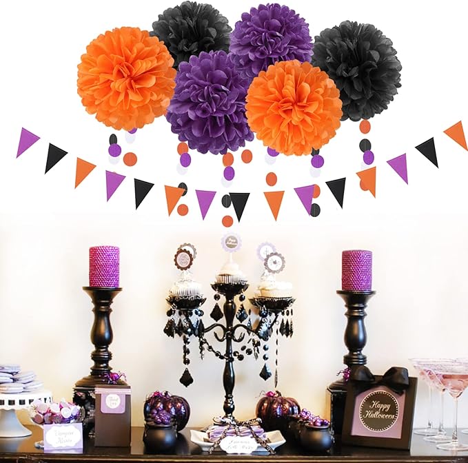 Black Purple Orange Halloween Party-Decorations - 23pcs Tissue Pom Poms Streamers,Tassel Garland Banner,Graduation 2025 Birthday Wedding Baby Bridal Shower Decor Bunting Lasting Surprise