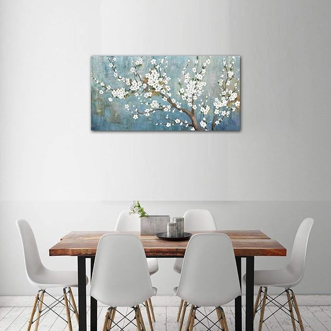 Elegant Flowers Canvas Wall Art - Plum Blossom Pictures for Wall Decor Rustic Turquoise Canvas Painting Nature Printing Artwork for Living Room Bedroom Home Office Wall Decoration 20" x 40"