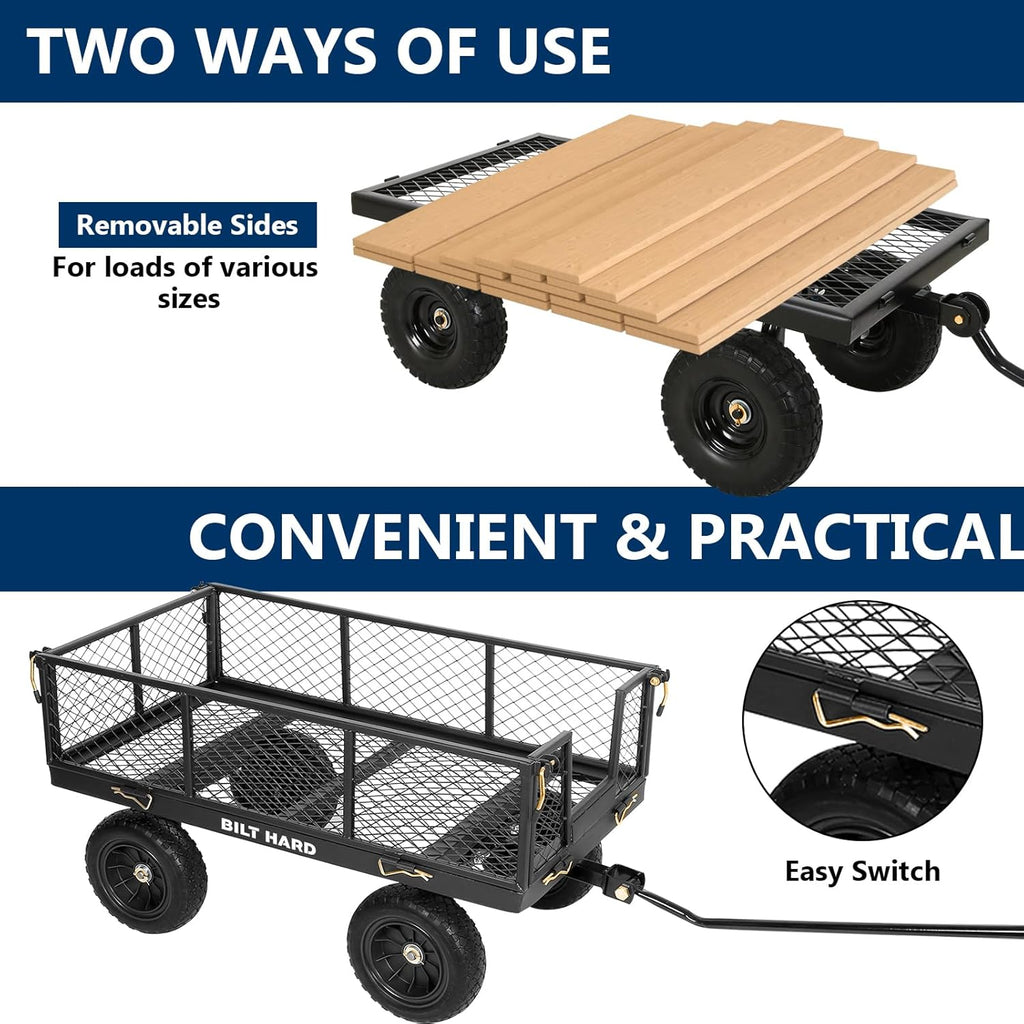 BILT HARD 10" Flat Free Tires Heavy Duty Garden Cart with 180° Rotating Handle and Removable Sides, 4 Cu.Ft 400 lbs Capacity Utility Steel Wagons for Outdoor
