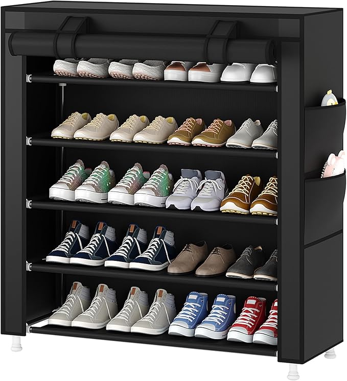 Laiensia 5-Tier Vertical Shoe Rack Organizer, Space Saving Shoe Storage Organizer, Non-Woven Cover Shoe Shelf Holds 20-25 Pairs for Bedroom, Hallway, Closet Entryway, Black