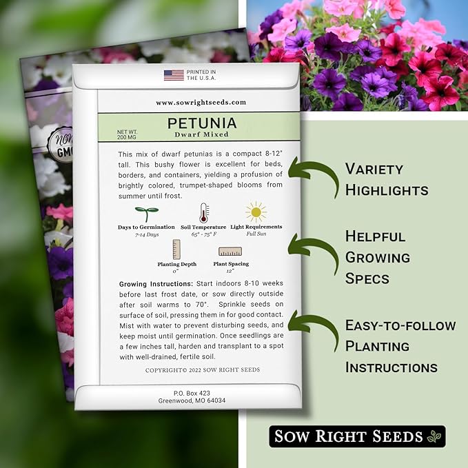 Sow Right Seeds - Dwarf Mixed Petunia Seeds to Plant - Full instructions for Planting and Growing a Flower Garden - Non-GMO Heirloom Seeds - Annual Hanging Basket Flower - Wonderful Gardening Gift (4)