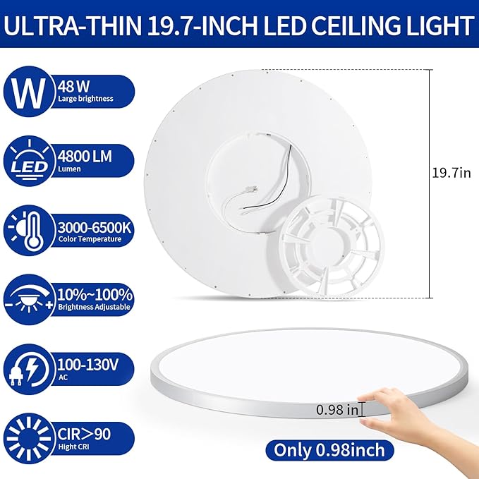 Modern 20'' Led Ceiling Light Fixture, Ultra Thin Flush Mount, Dimmable with Remote Control, 48W, 4800Lumen, Silver, Round, for Bedroom, Living Room, Kitchen, Dining Room, Home Office