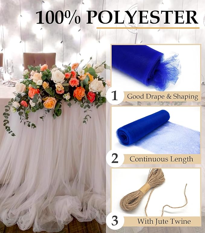 Royal Blue Tulle Fabric Roll, 54" x 40 Yards (120FT) Tulle for Wedding Decoration DIY Tutu Party Backdrop Baby Shower Table Skirts Gift Wrapping