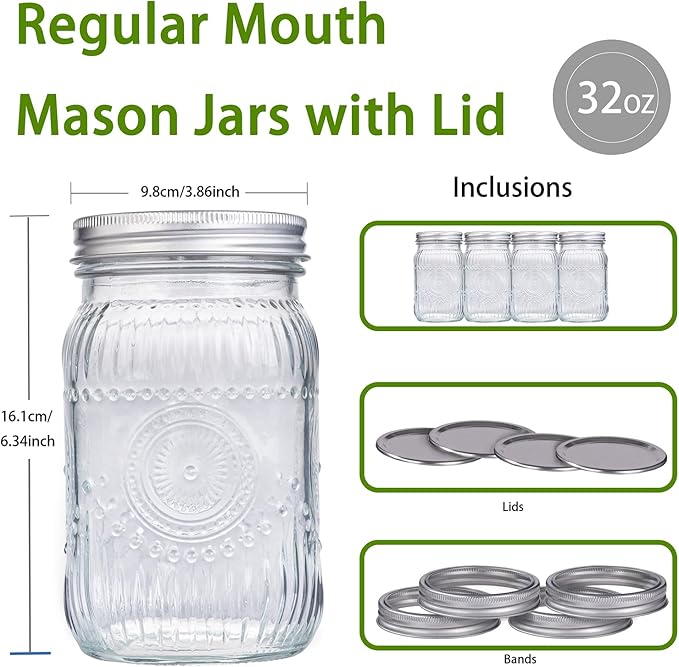 WELLIFE Wide Mouth Mason Jars, 4 Pcs Mason Jars 32 OZ for Preserving,Jam,Honey,Wedding Favors,Sauces,Meal Prep,Salad,Yogurt & Decor