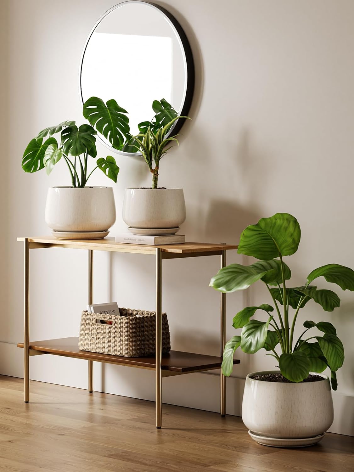 LE TAUCI Ceramic Plant Pots, Set of 2, 10 + 12 Inch Plant Pot, Elegant Planters for Indoor Plants, Sturdy Planter with Drainage Hole and Saucers, Perfect for Home Decor, Reactive Glaze Beige