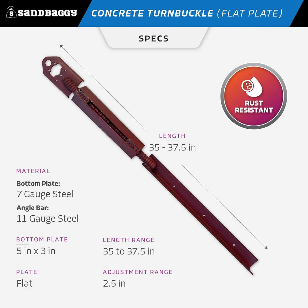 Sandbaggy Concrete Turnbuckle Form Aligner with 5" x 3" Flat Plate (35" - 37.5" Length) - Rust Resistant Steel - Adjustable Wall Brace - Aligns & Plumbs Form Walls, Columns, or Beams (35 inches, 200)