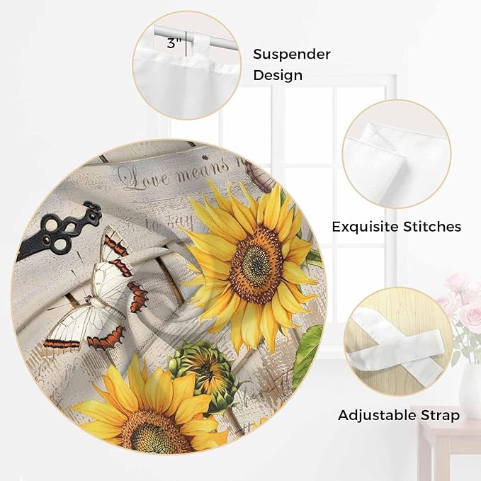 Farm Flowers Kitchen Curtains 36 Inch Length, Small Window Curtains Tab Top, Retro Sunflowers Barn Doors Butterfly Wood Board Light Filtering Short Window Treatments Tier Drapes 27.5"x36" 2 Panel