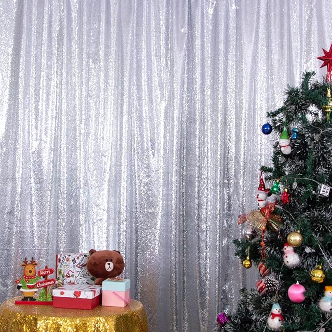 SquarePie Sequin Backdrop Non-Transparent Background Sparkly Curtain for Wedding Party 6FT x 6FT Silver