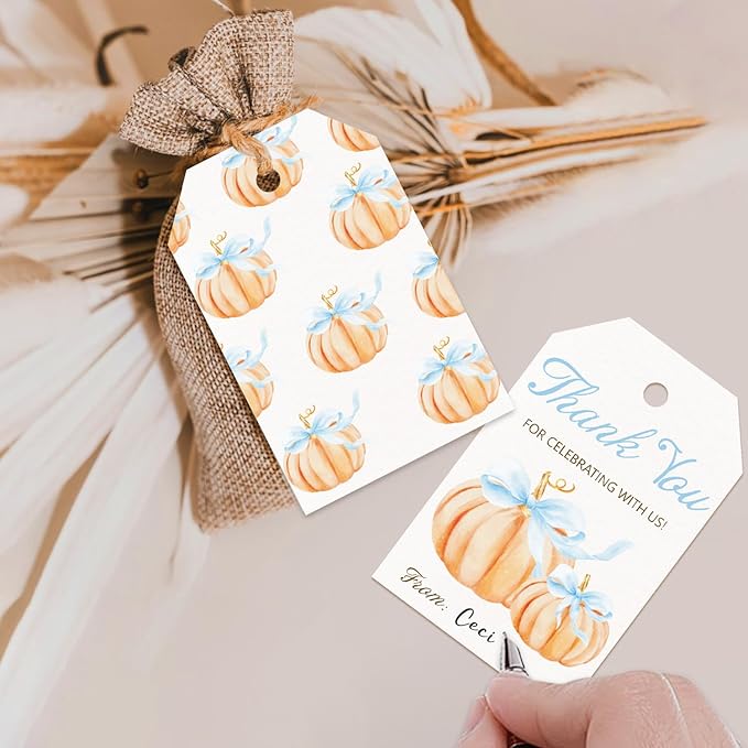 50pcs Little Pumpkin Thank You Tags, Pumpkin Bow Fall Theme Favor Tags for Boy Coquette Baby Shower and Birthday Party Gift Wrapping Decoration (Blue Bow)