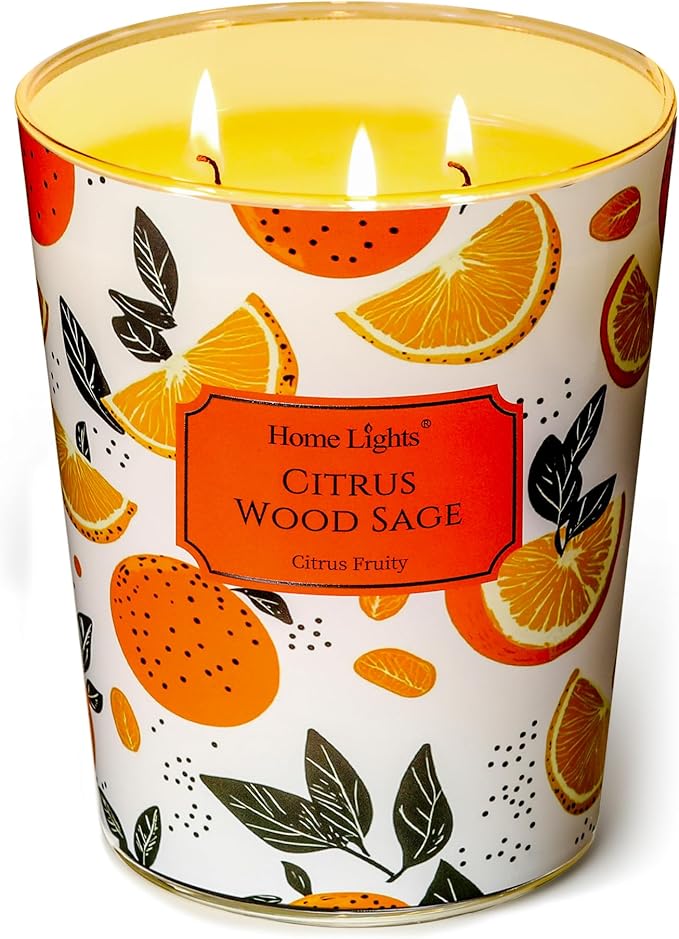 HomeLights Citrus Wood Sage Scented Candles | 34oz Soy Candles Eclectic Mixed Styles 3-Wick Large Candle Jars | Ideal Candle Gifts for Events, Home Decor Stress, Relief & Relaxation