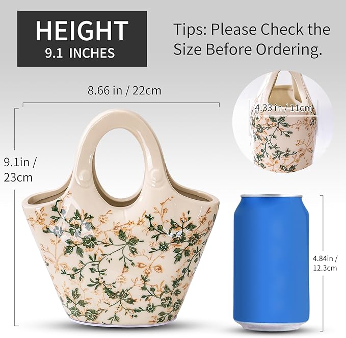 Ceramic Purse Vase for Flowers, Cute Handbag Vases, Vintage Green and Beige Floral Vase, Rustic Farmhouse Vases for Living Room, Kitchen, Bedroom, Table Centerpiece, Chinoiserie and Tuscan Decor 9 in